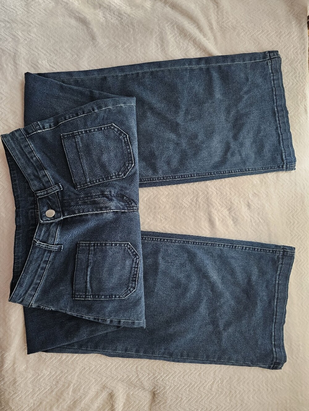 Wide Leg Women's Dark Denim Jeans With Cute Patch Pockets Mid-rise Size M